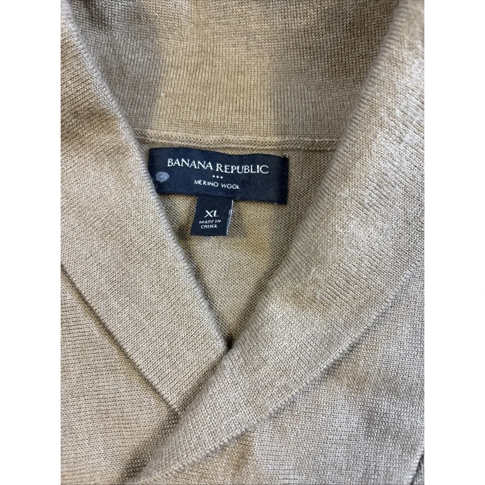 Banana Republic Men's XL 100% Merino Wool Shawl Collar Sweater TAN BROWN